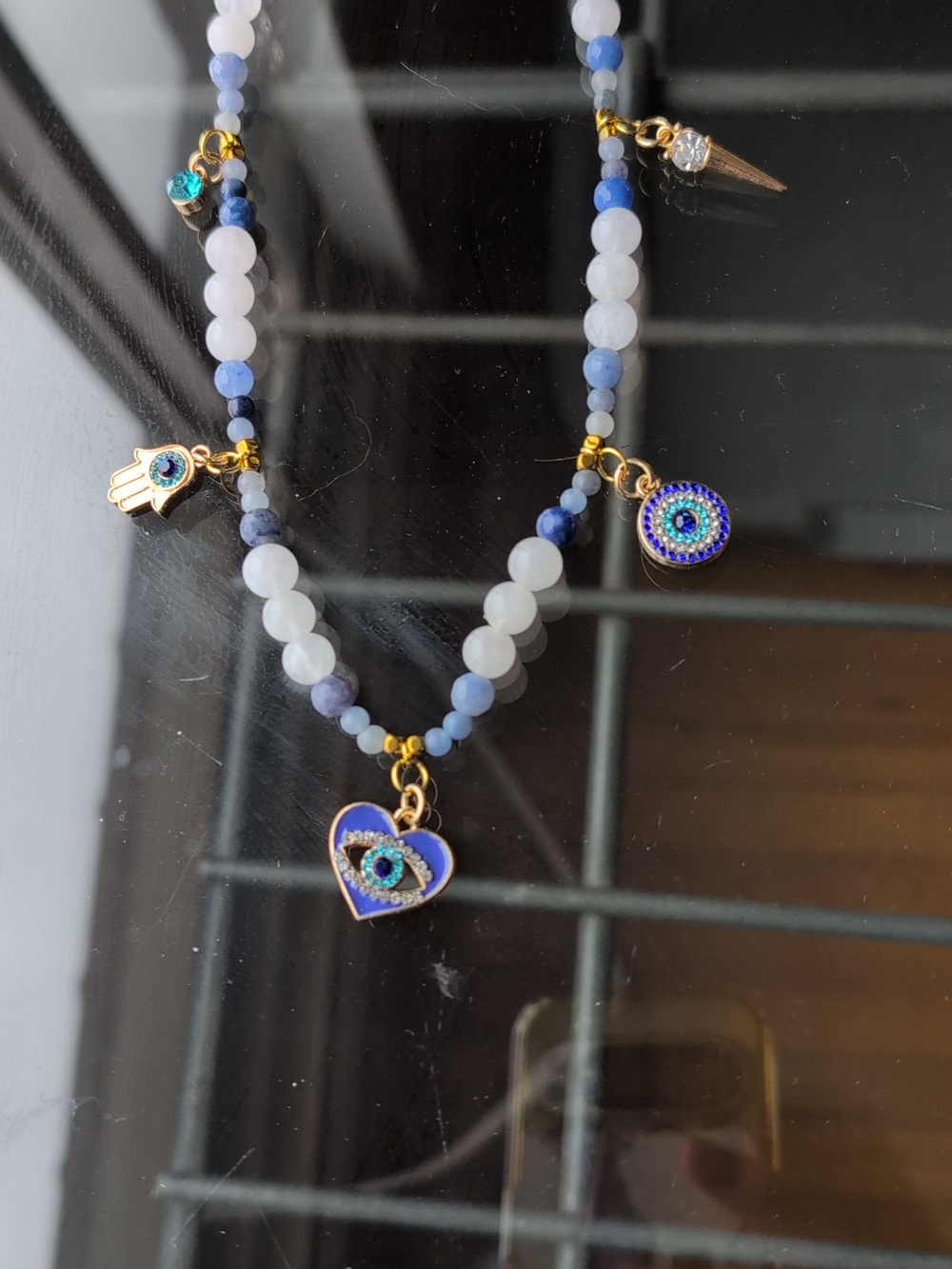 Handmade Blue advetureine and White Quartz Beaded Evil Eye Charm Necklace - Picture 2 of 5